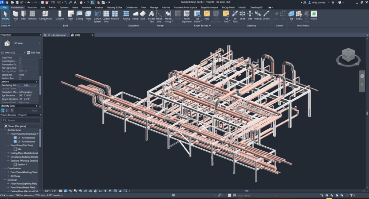 EdgeWise Pro から Revit へ書き出された配管網の BIM モデル